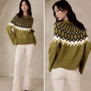 BANANA REPUBLIC Fair Isle Mock Neck Sweater in Tree Moss XS Alpaca Scandi